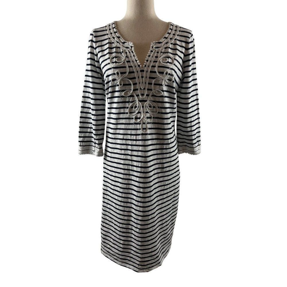 Boden Reanna Tunic Dress Size 10L Long UK 14L Navy Striped Embroidered Nautical